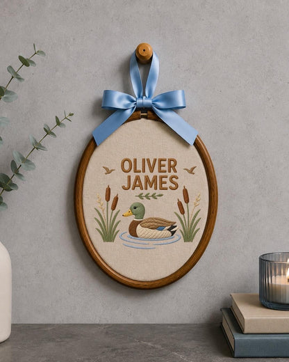 Personalized Duck Embroidered Ornament, Custom Baby Boy Name Sign, Mallard Duck Nursery Decor, Woodland Baby Gift, Newborn Keepsake