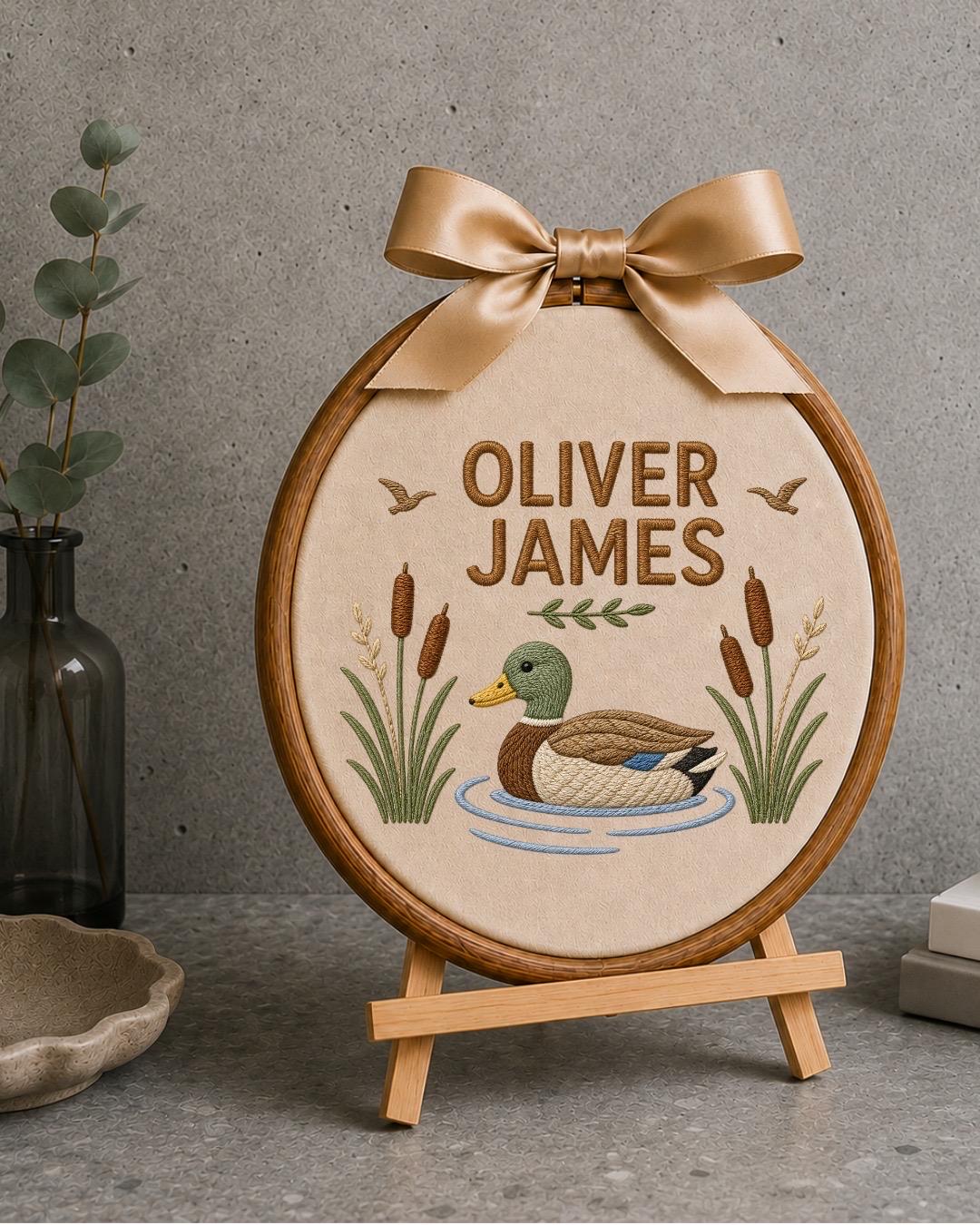 Personalized Duck Embroidered Ornament, Custom Baby Boy Name Sign, Mallard Duck Nursery Decor, Woodland Baby Gift, Newborn Keepsake