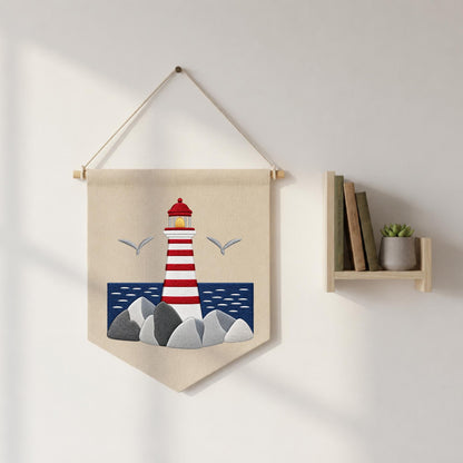Embroidered Lighthouse Wall Hanging Banner, Coastal Nautical Wall Decor, Beach House Decor, Ocean Lover Gift, Seaside Home Decoration