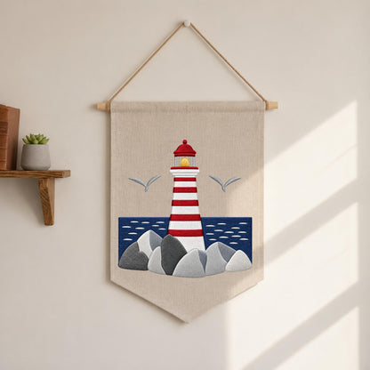 Embroidered Lighthouse Wall Hanging Banner, Coastal Nautical Wall Decor, Beach House Decor, Ocean Lover Gift, Seaside Home Decoration