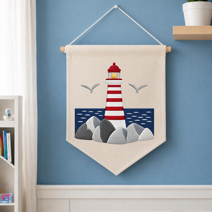 Embroidered Lighthouse Wall Hanging Banner, Coastal Nautical Wall Decor, Beach House Decor, Ocean Lover Gift, Seaside Home Decoration