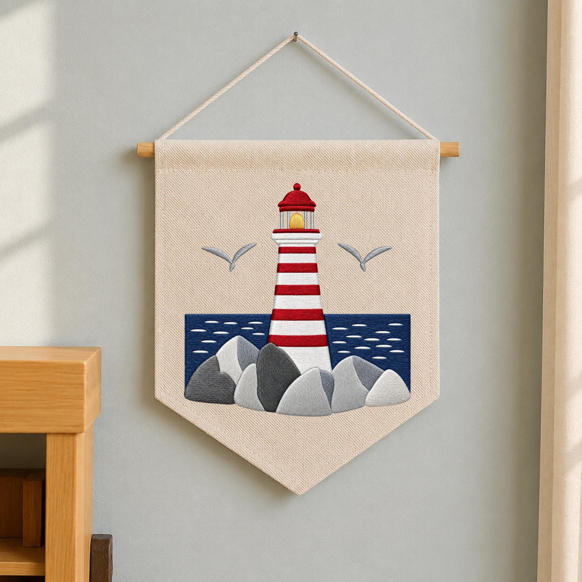 Embroidered Lighthouse Wall Hanging Banner, Coastal Nautical Wall Decor, Beach House Decor, Ocean Lover Gift, Seaside Home Decoration