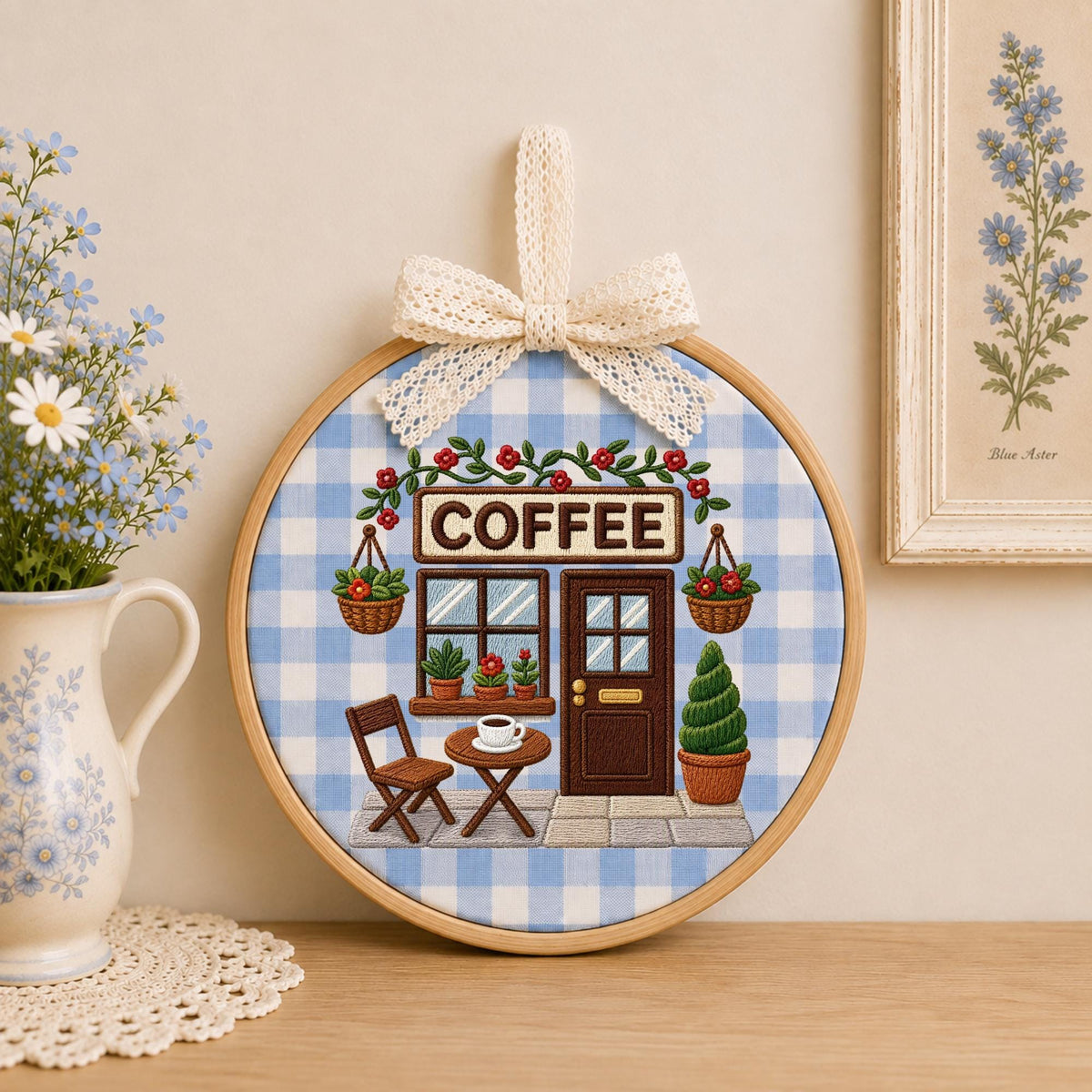 Embroidered Ornament, Coffee Shop Decor, Coffee Lover Gift, Cafe Ornament, Barista Gift, Cozy Coffee House Keepsake