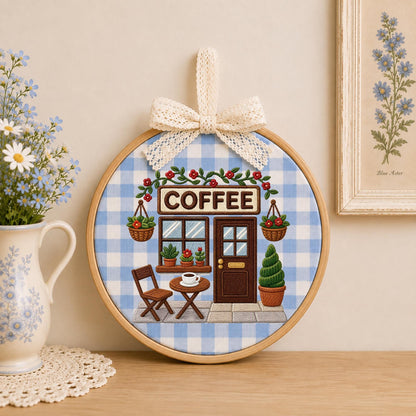 Embroidered Ornament, Coffee Shop Decor, Coffee Lover Gift, Cafe Ornament, Barista Gift, Cozy Coffee House Keepsake