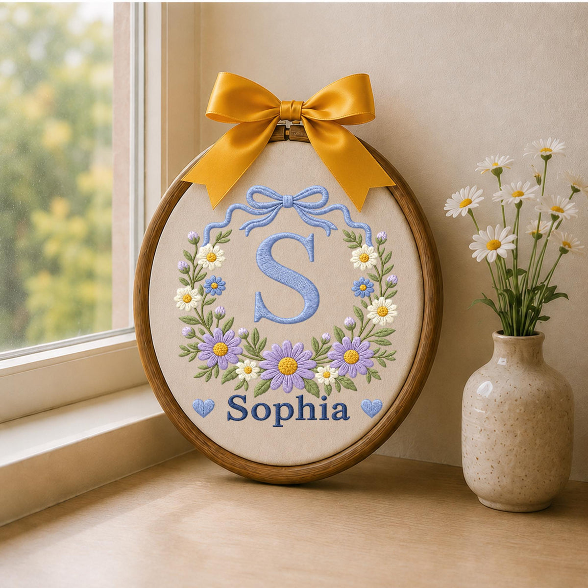 Personalized Embroidered Ornament, Floral Initial Ornament, Custom Name Monogram Gift, Daisy Nursery Decor, Baby Girl Keepsake