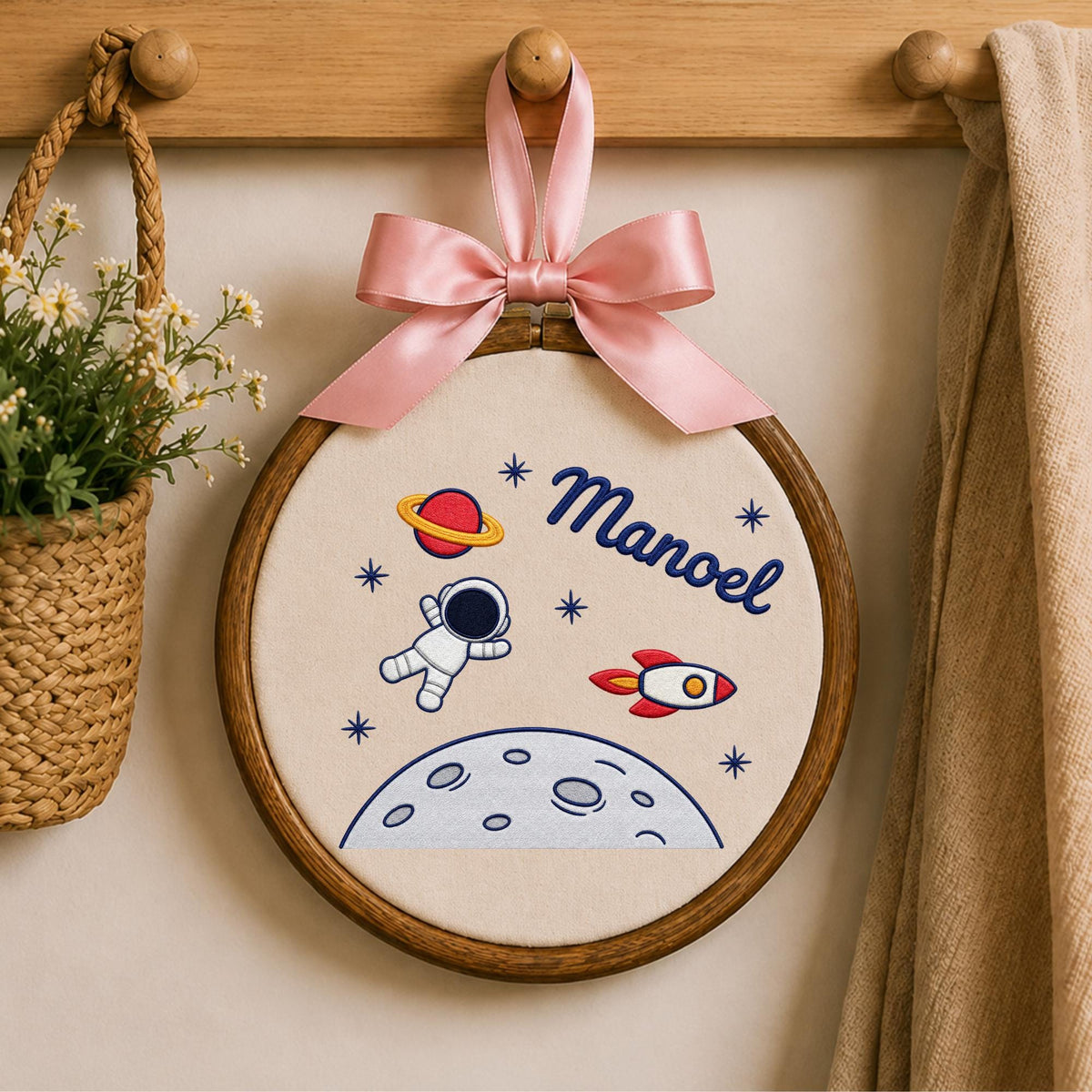 Personalized Embroidered Ornament, Astronaut Space Ornament, Custom Name Rocket Nursery Decor, Baby Boy Space Gift, Moon Keepsake