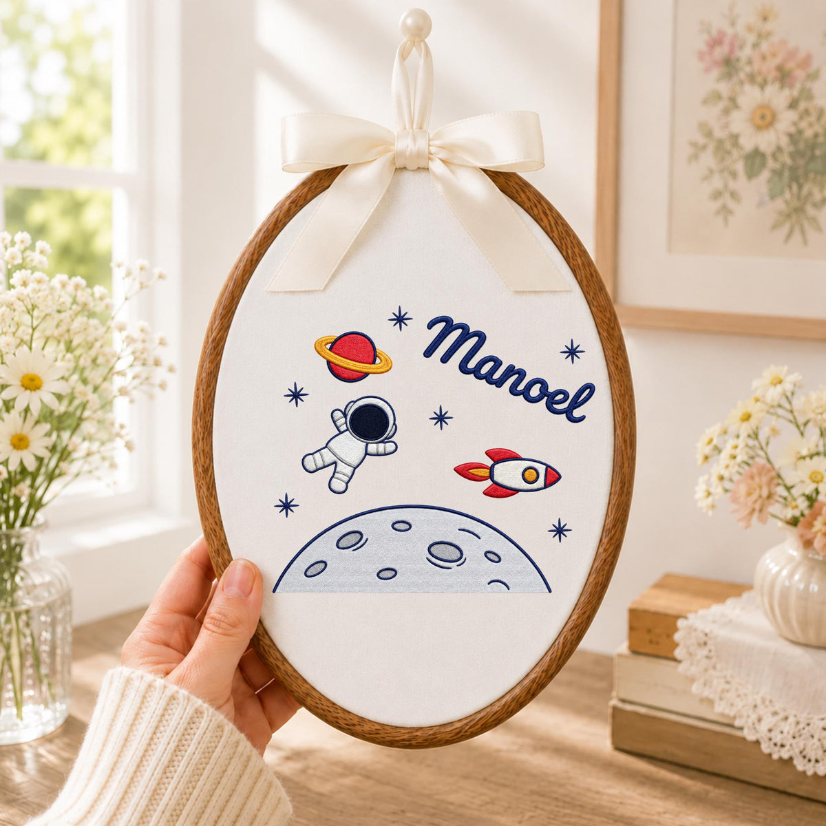 Personalized Embroidered Ornament, Astronaut Space Ornament, Custom Name Rocket Nursery Decor, Baby Boy Space Gift, Moon Keepsake