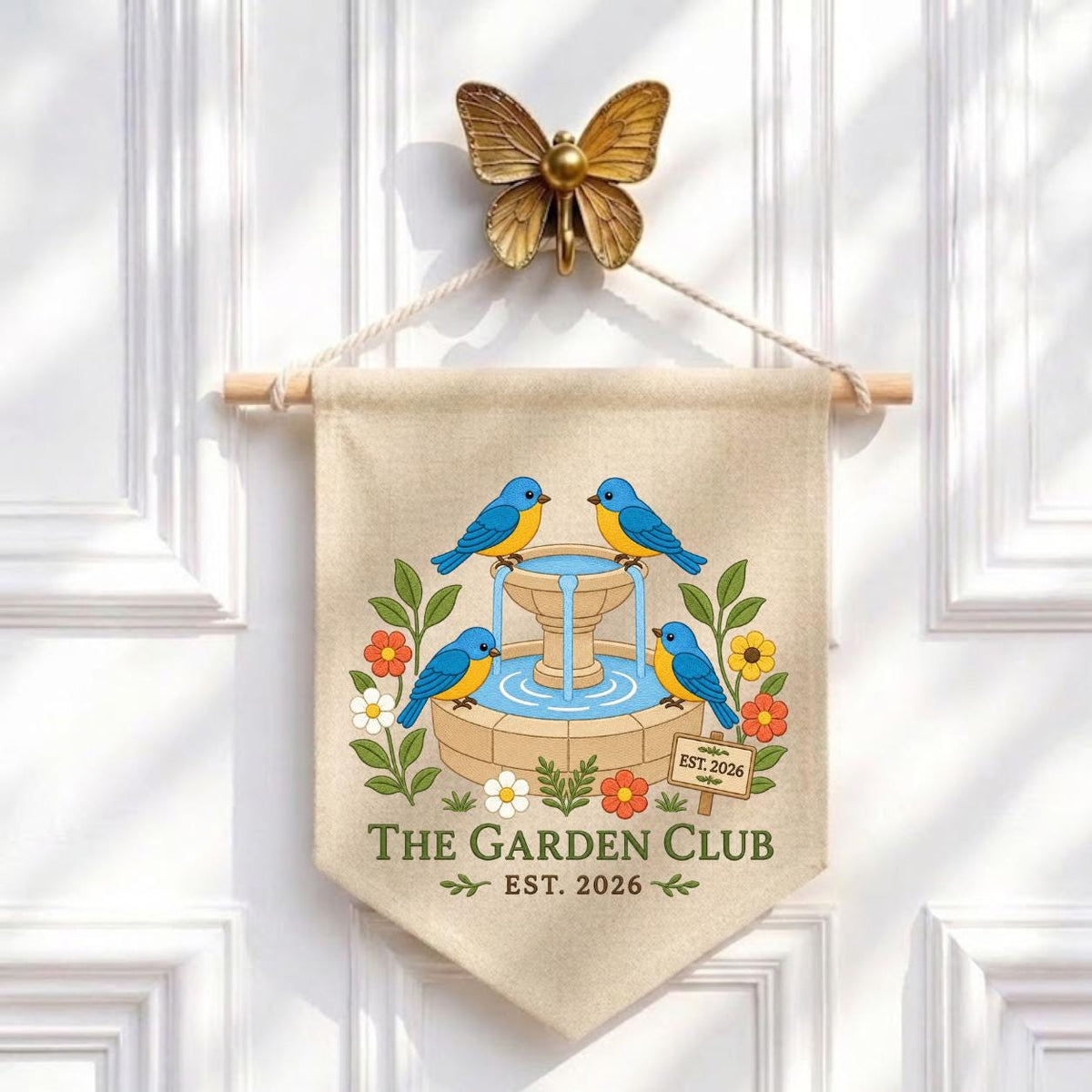 Personalized Bluebird Bird Bath Canvas Pennant Banner Decor, Embroidered Garden Club Name Date Wall Sign, Outdoor Nature Lover Keepsake