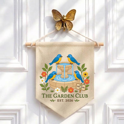 Personalized Bluebird Bird Bath Canvas Pennant Banner Decor, Embroidered Garden Club Name Date Wall Sign, Outdoor Nature Lover Keepsake