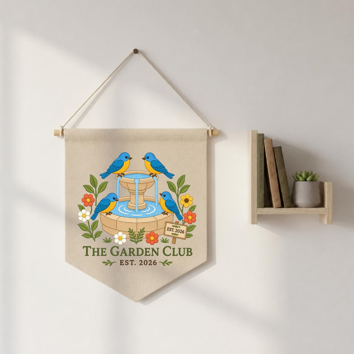 Personalized Bluebird Bird Bath Canvas Pennant Banner Decor, Embroidered Garden Club Name Date Wall Sign, Outdoor Nature Lover Keepsake