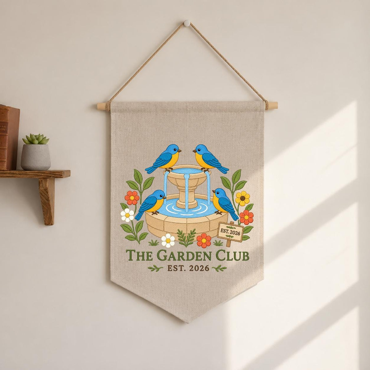Personalized Bluebird Bird Bath Canvas Pennant Banner Decor, Embroidered Garden Club Name Date Wall Sign, Outdoor Nature Lover Keepsake