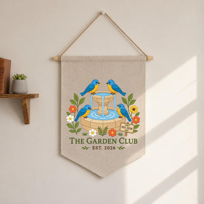 Personalized Bluebird Bird Bath Canvas Pennant Banner Decor, Embroidered Garden Club Name Date Wall Sign, Outdoor Nature Lover Keepsake