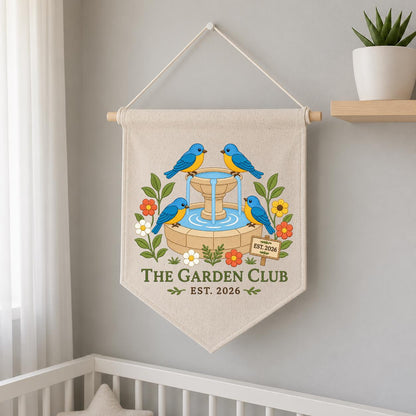 Personalized Bluebird Bird Bath Canvas Pennant Banner Decor, Embroidered Garden Club Name Date Wall Sign, Outdoor Nature Lover Keepsake