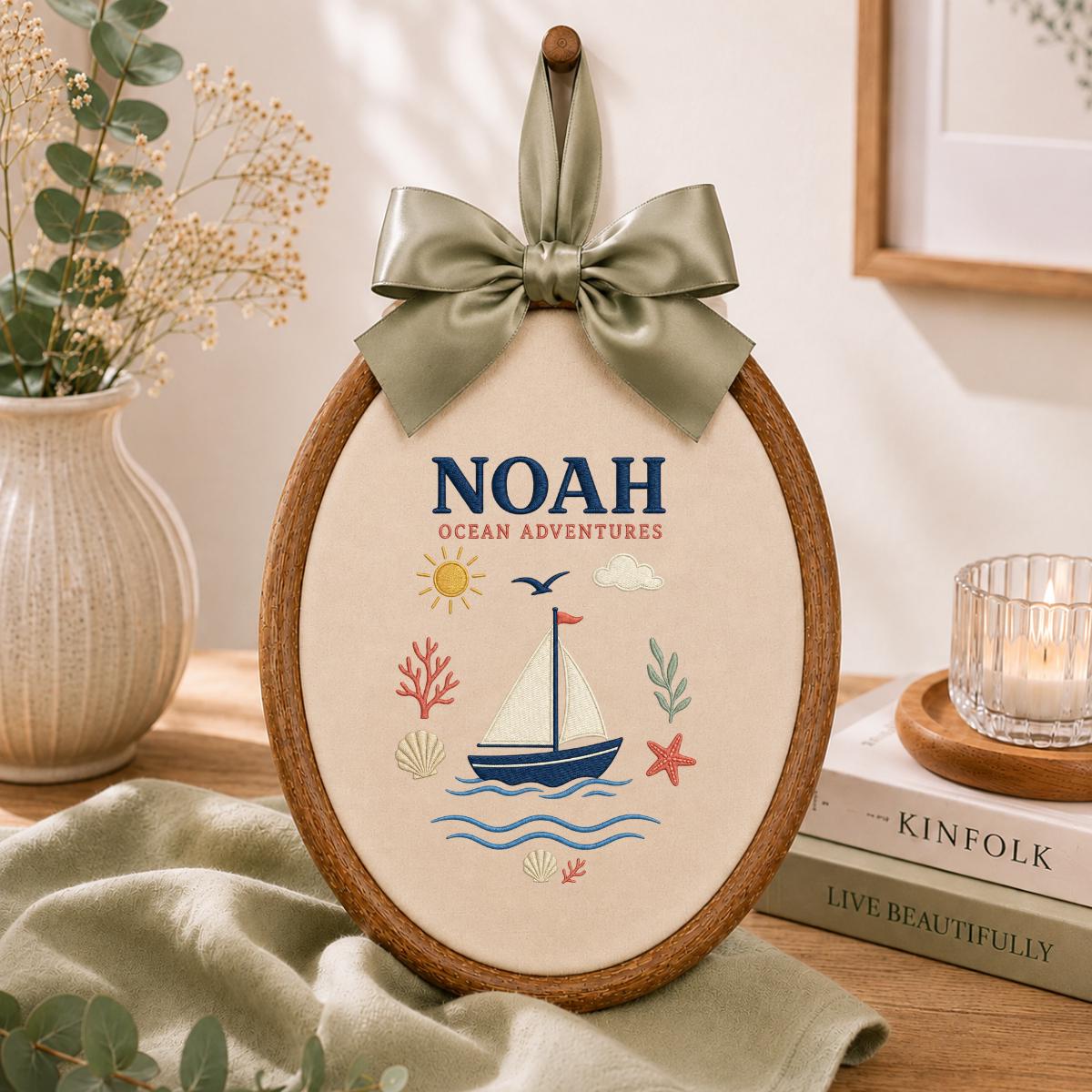 Personalized Nautical Boat Canvas Oval Hoop Decor, Custom Embroidered Ocean Adventure Starfish Shell Sign, Baby Boy Birthday Gift