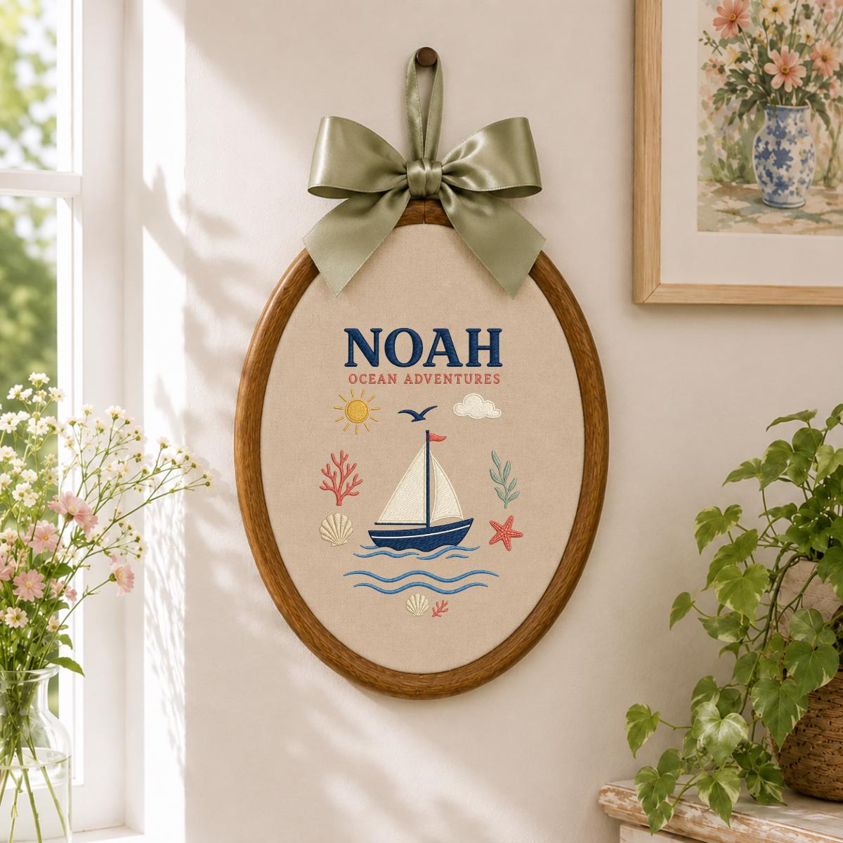 Personalized Nautical Boat Canvas Oval Hoop Decor, Custom Embroidered Ocean Adventure Starfish Shell Sign, Baby Boy Birthday Gift
