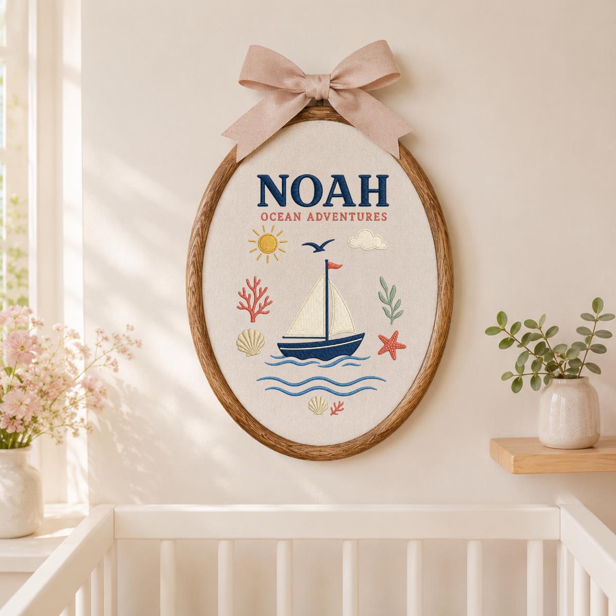 Personalized Nautical Boat Canvas Oval Hoop Decor, Custom Embroidered Ocean Adventure Starfish Shell Sign, Baby Boy Birthday Gift