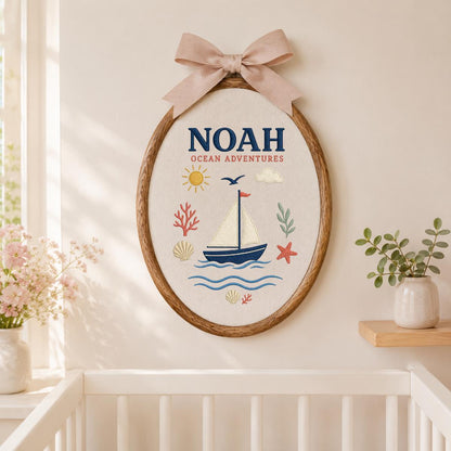 Personalized Nautical Boat Canvas Oval Hoop Decor, Custom Embroidered Ocean Adventure Starfish Shell Sign, Baby Boy Birthday Gift