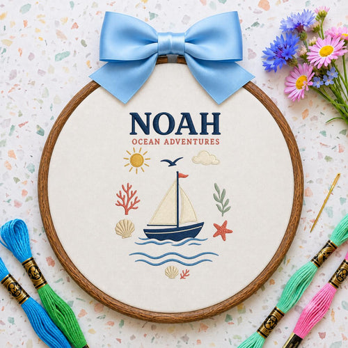 Personalized Nautical Boat Canvas Oval Hoop Decor, Custom Embroidered Ocean Adventure Starfish Shell Sign, Baby Boy Birthday Gift