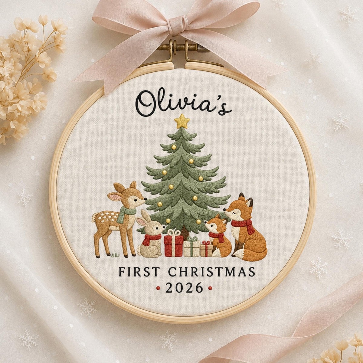May include: A round wooden embroidery hoop containing fabric with an embroidered green Christmas tree, a deer, a rabbit, and two foxes wearing scarves. The text reads Olivia's FIRST CHRISTMAS 2026. A light pink ribbon is tied at the top of the hoop.