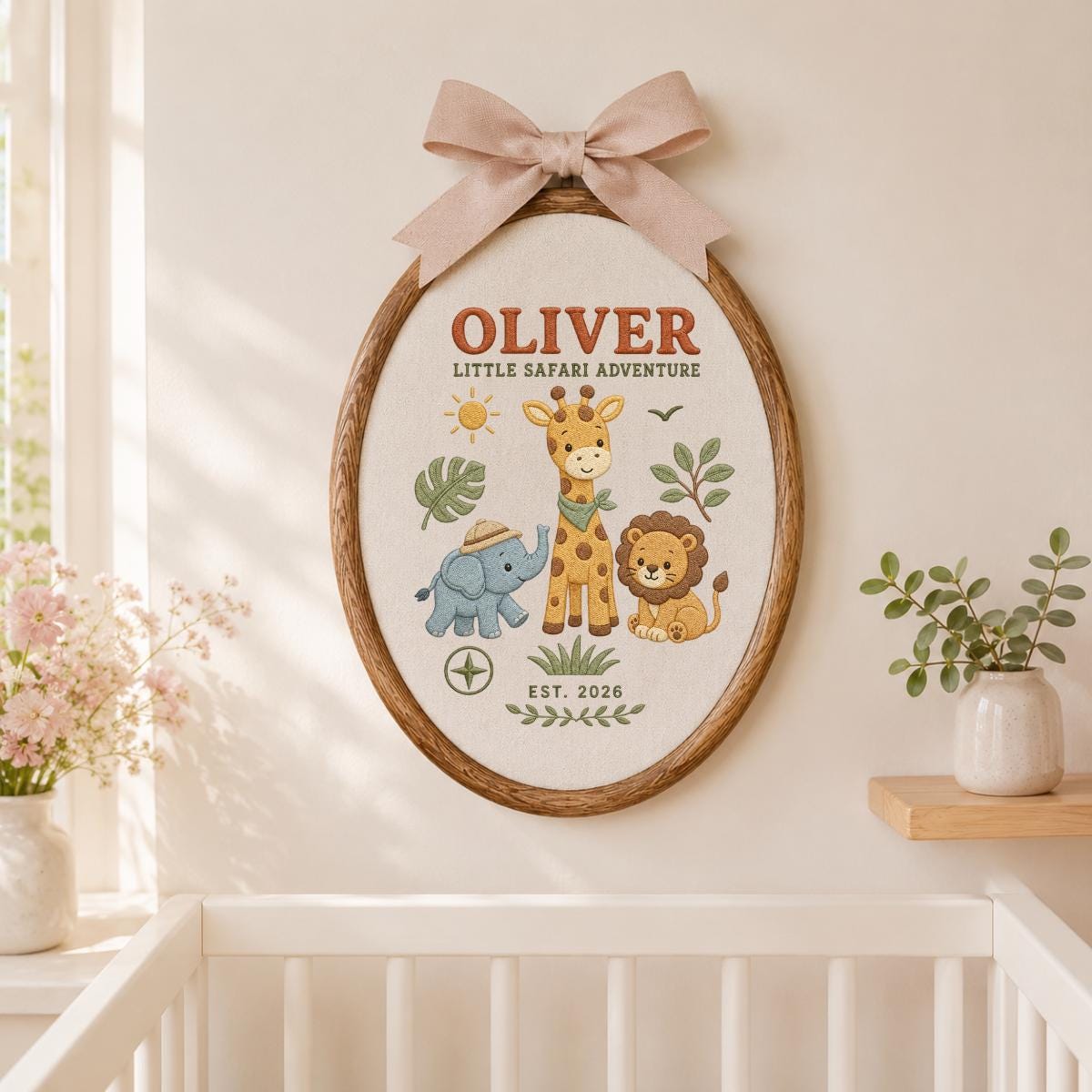 Personalized Jungle Safari Animals Oval Hoop Decor, Custom Embroidered Elephant Giraffe Lion Name Sign, Baby Boy Shower Birthday Gift