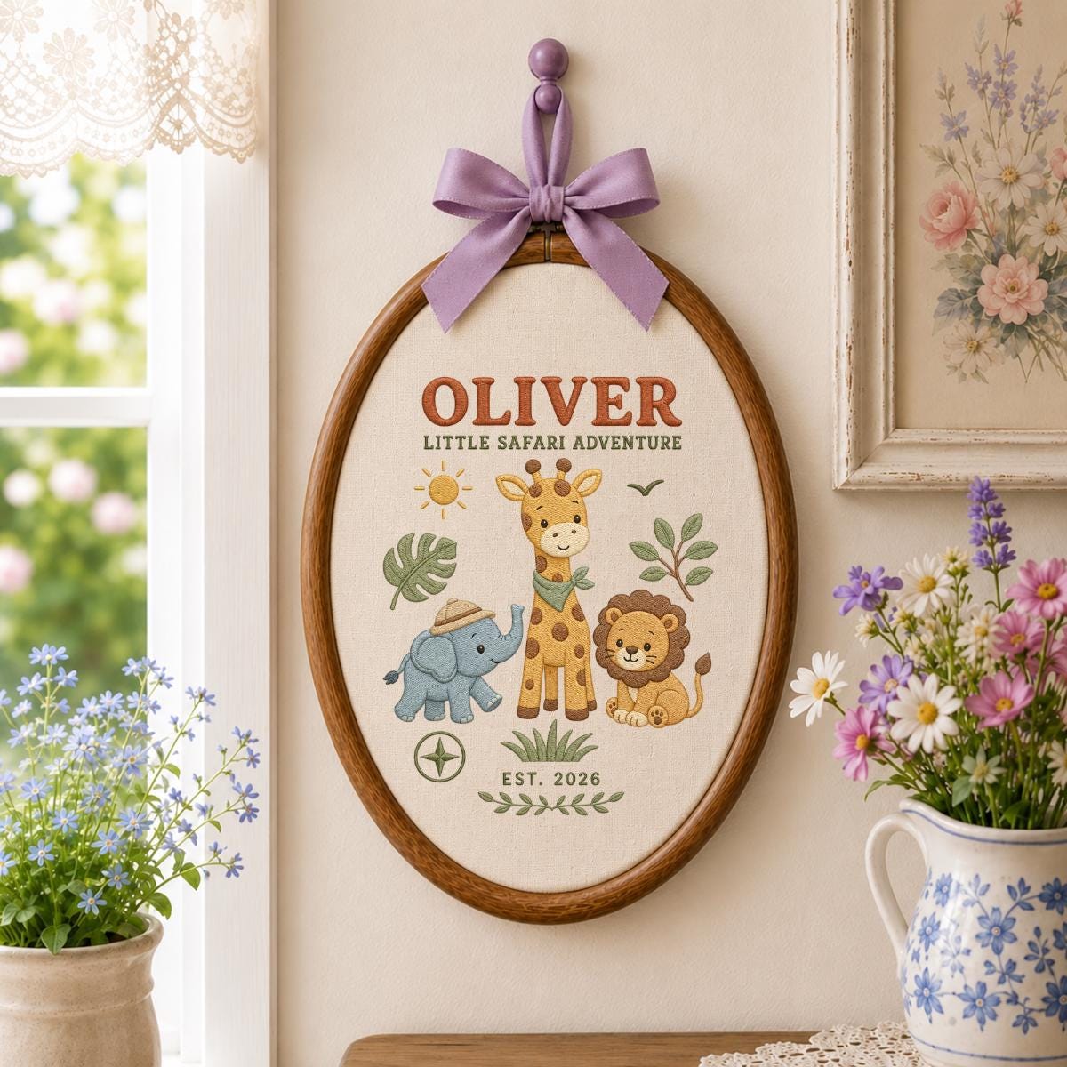 Personalized Jungle Safari Animals Oval Hoop Decor, Custom Embroidered Elephant Giraffe Lion Name Sign, Baby Boy Shower Birthday Gift