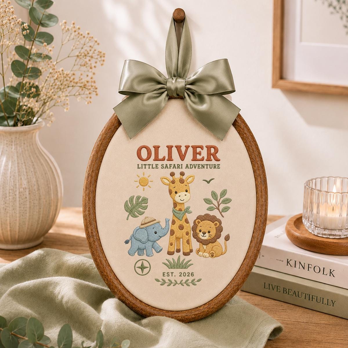 Personalized Jungle Safari Animals Oval Hoop Decor, Custom Embroidered Elephant Giraffe Lion Name Sign, Baby Boy Shower Birthday Gift