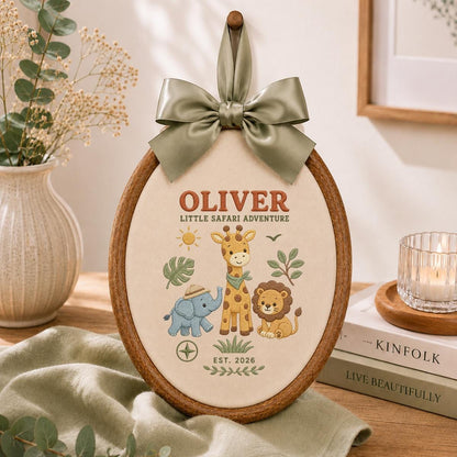 Personalized Jungle Safari Animals Oval Hoop Decor, Custom Embroidered Elephant Giraffe Lion Name Sign, Baby Boy Shower Birthday Gift
