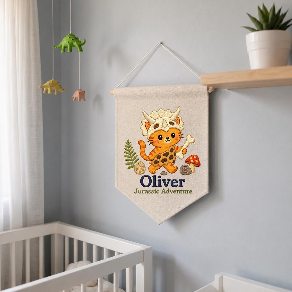 Personalized Dinosaur Cat Canvas Pennant Banner, Custom Name Oliver Jurassic Adventure Embroidered Nursery Wall Hanging Sign