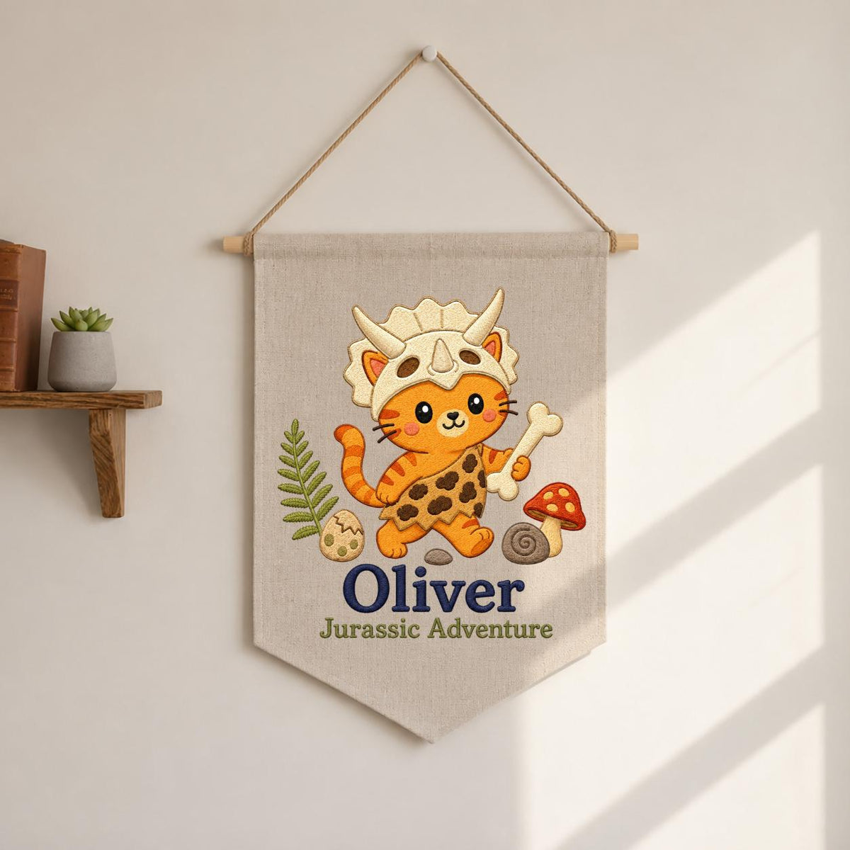 Personalized Dinosaur Cat Canvas Pennant Banner, Custom Name Oliver Jurassic Adventure Embroidered Nursery Wall Hanging Sign