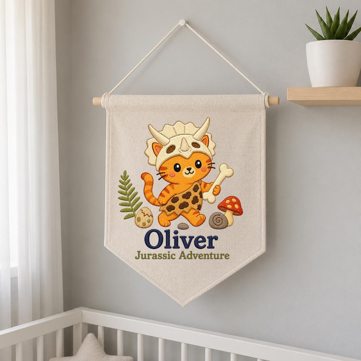 Personalized Dinosaur Cat Canvas Pennant Banner, Custom Name Oliver Jurassic Adventure Embroidered Nursery Wall Hanging Sign