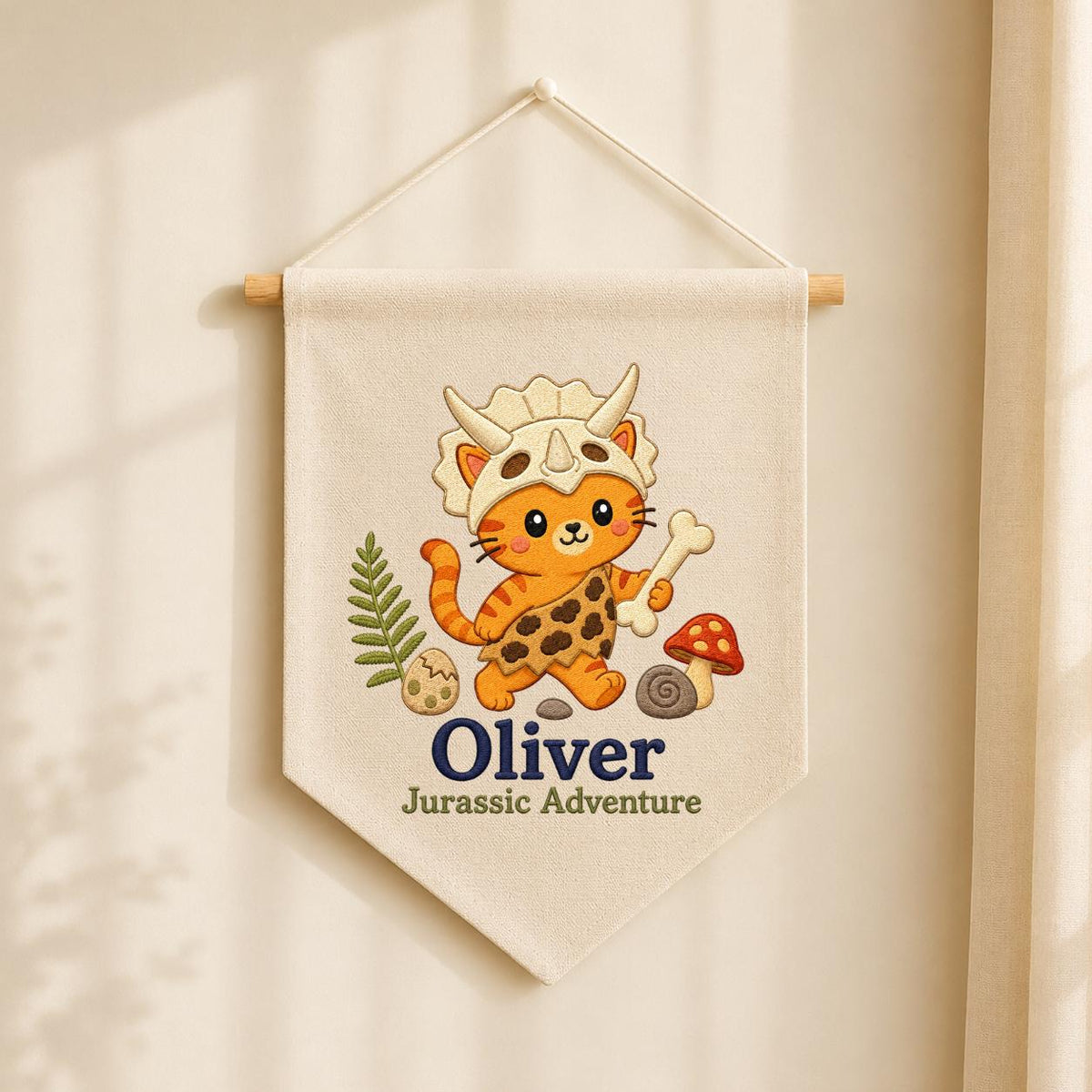 Personalized Dinosaur Cat Canvas Pennant Banner, Custom Name Oliver Jurassic Adventure Embroidered Nursery Wall Hanging Sign