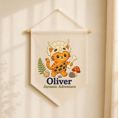 Personalized Dinosaur Cat Canvas Pennant Banner, Custom Name Oliver Jurassic Adventure Embroidered Nursery Wall Hanging Sign