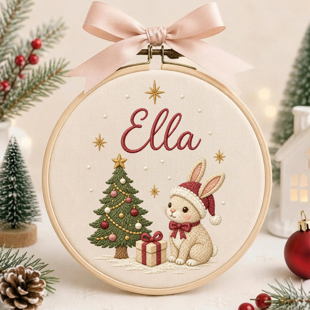 May include: A circular wooden embroidery hoop featuring a cream-colored fabric with the name Ella embroidered in red. The design includes a green Christmas tree, a beige rabbit wearing a red hat, a gift box, and gold stars with a pink ribbon.