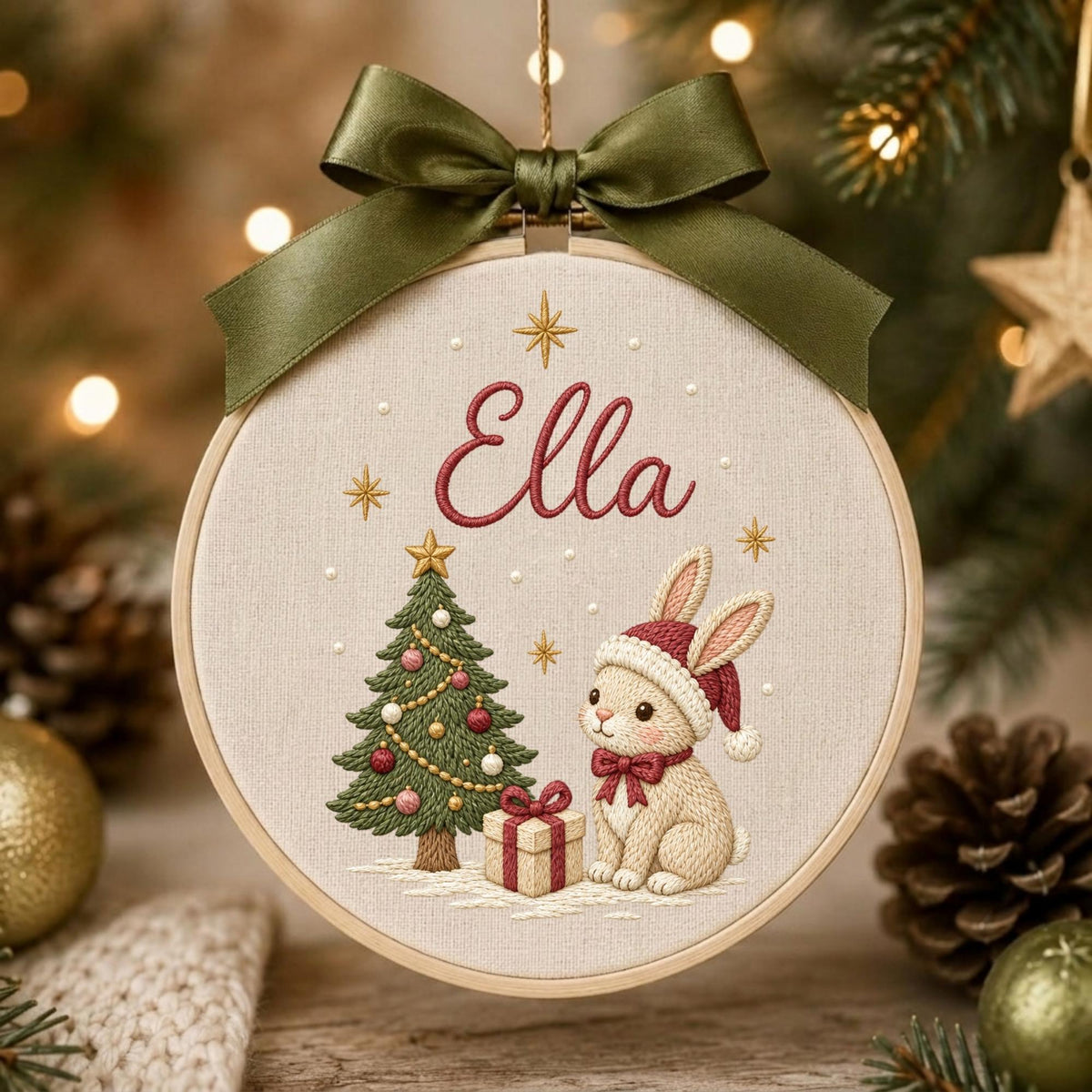 May include: A circular embroidery hoop ornament featuring the name Ella in red script, a green Christmas tree with red and gold ornaments, and a beige rabbit wearing a red Santa hat and bow, topped with a dark green satin ribbon bow.
