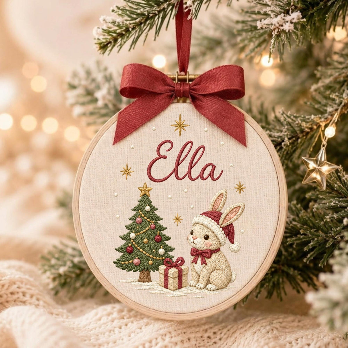 May include: A round wooden embroidery hoop ornament featuring cream fabric with the embroidered name Ella in red script. The design includes a green Christmas tree, a gift box, and a beige bunny wearing a red Santa hat, topped with a red ribbon bow.