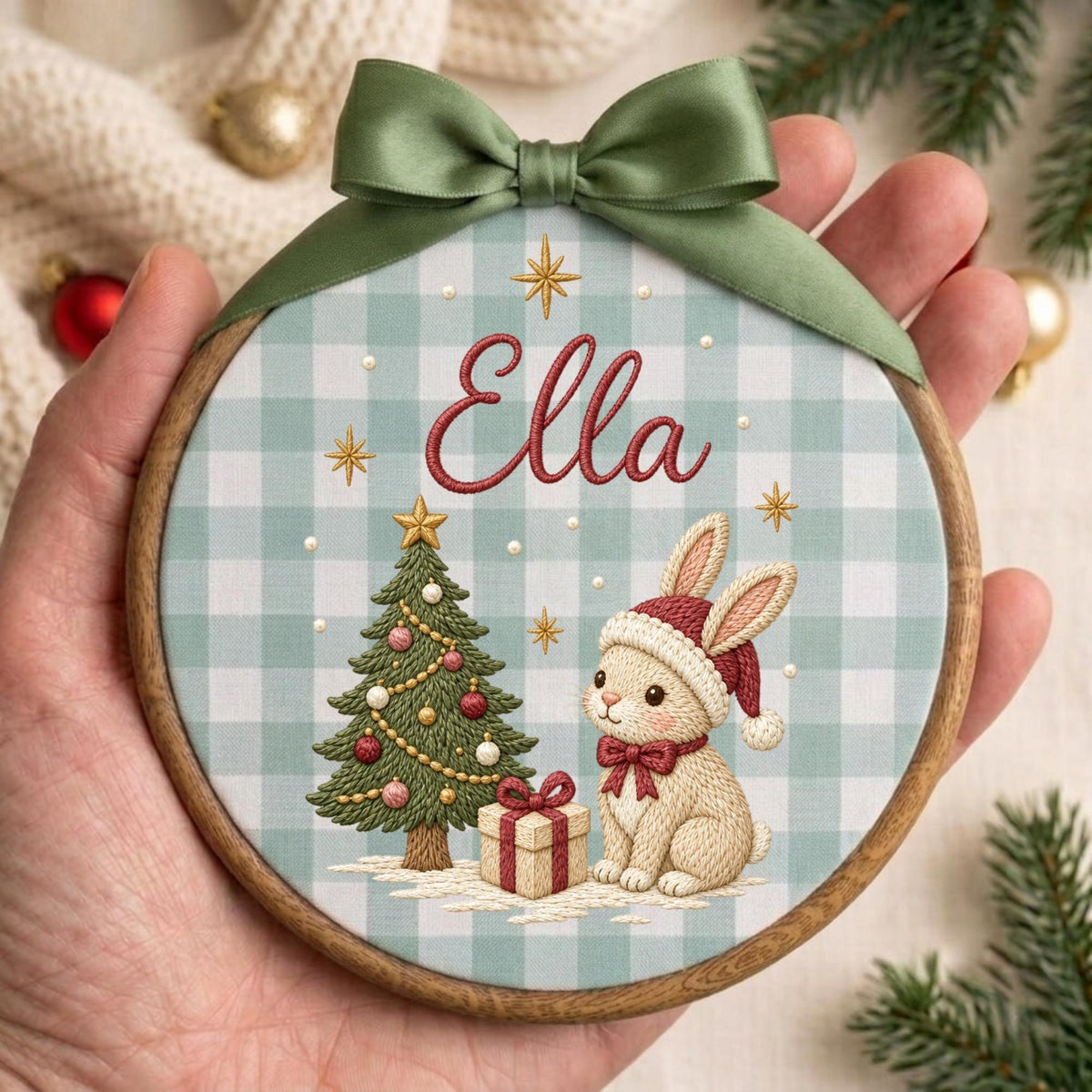 May include: A round wooden embroidery hoop ornament featuring a light blue and white gingham fabric background. The design includes a decorated Christmas tree, a gift box, and a rabbit wearing a red Santa hat, with the name Ella in red script.