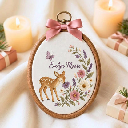May include: An oval embroidery hoop featuring a fawn and floral design on white fabric. The text Evelyn Moore is stitched in purple. A pink satin ribbon bow is attached to the top of the wooden frame, which has a metal hanging loop.
