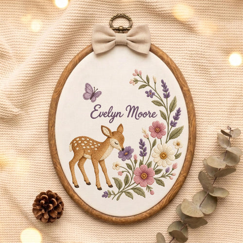 May include: An oval wooden embroidery hoop containing white fabric with a hand-stitched design of a brown fawn, a purple butterfly, and colorful floral sprigs. The name Evelyn Moore is embroidered in purple script. A beige fabric bow sits at the top.