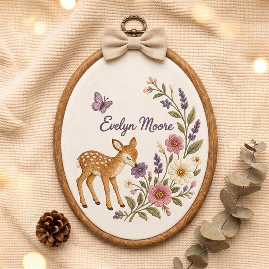 May include: An oval wooden embroidery hoop containing white fabric with a hand-stitched design of a brown fawn, a purple butterfly, and colorful floral sprigs. The name Evelyn Moore is embroidered in purple script. A beige fabric bow sits at the top.