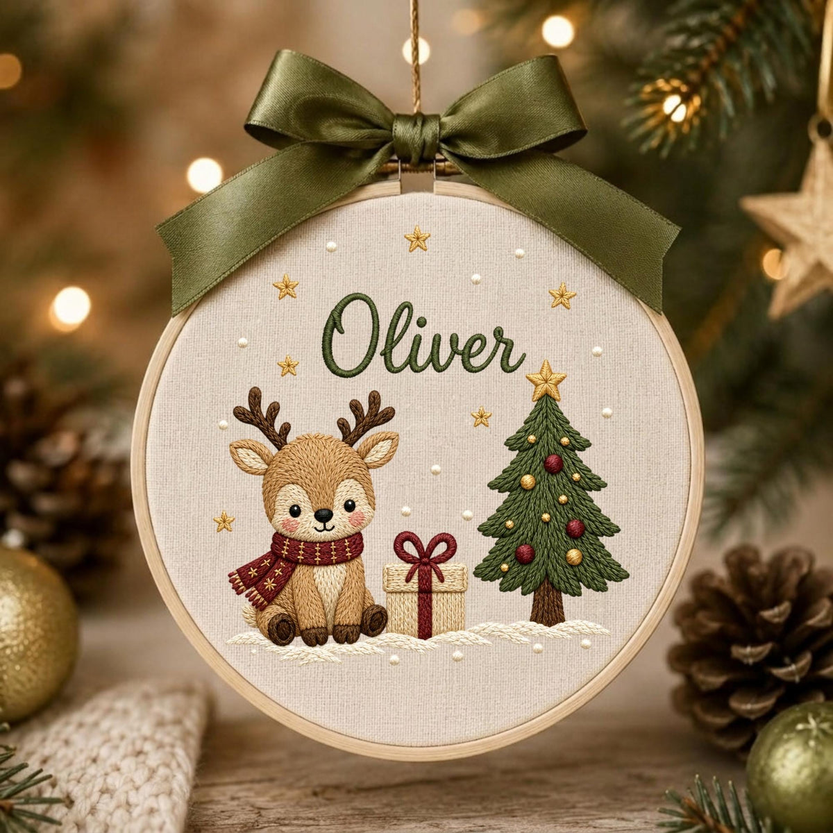 May include: A circular embroidery hoop ornament featuring a beige fabric background with the name Oliver stitched in green. The design includes a brown reindeer wearing a red scarf, a green Christmas tree with red ornaments, and a gift box.