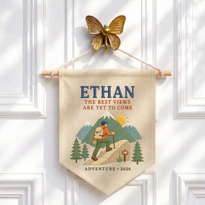 Personalized Hiking Mountain Adventure Hoop Art, Custom Name Ethan The Best Views Are Yet To Come Embroidered Wall Decor, Hiker Gift