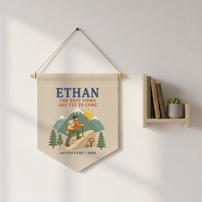 Personalized Hiking Mountain Adventure Hoop Art, Custom Name Ethan The Best Views Are Yet To Come Embroidered Wall Decor, Hiker Gift