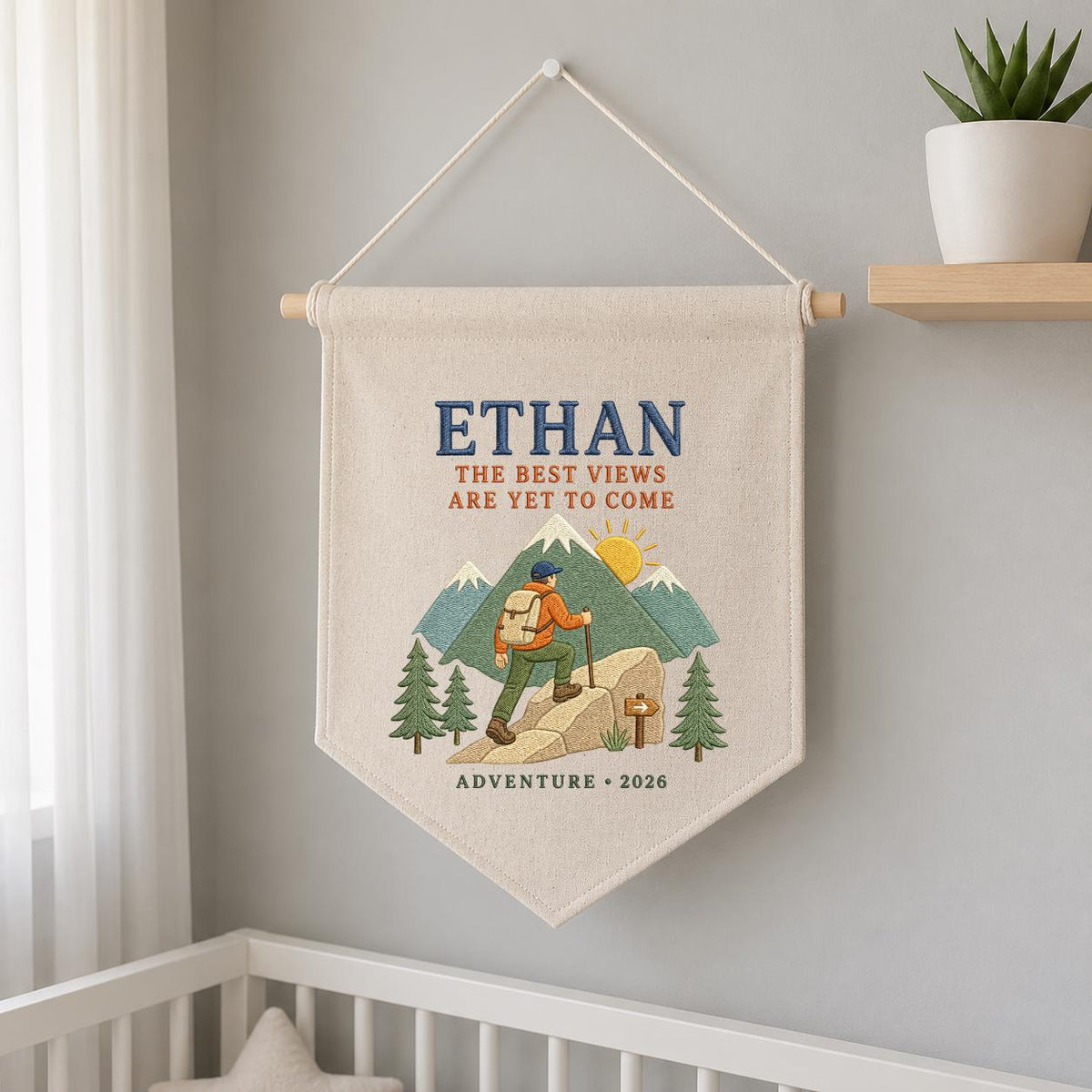 Personalized Hiking Mountain Adventure Hoop Art, Custom Name Ethan The Best Views Are Yet To Come Embroidered Wall Decor, Hiker Gift