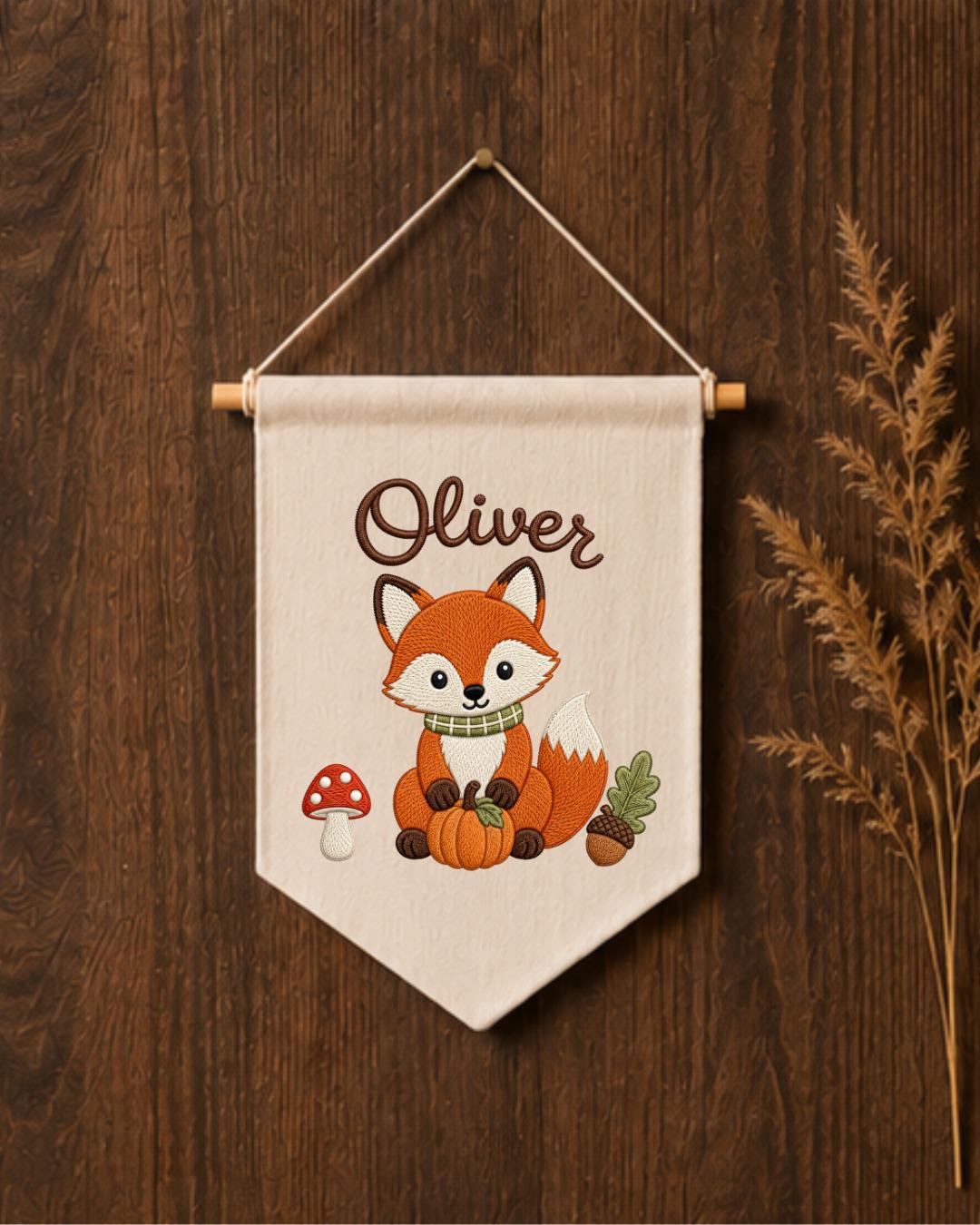 Personalized Fox Nursery Wall Hanging, Custom Name Embroidered Banner, Woodland Fall Baby Room Decor, Cute Forest Animal Nursery Gift
