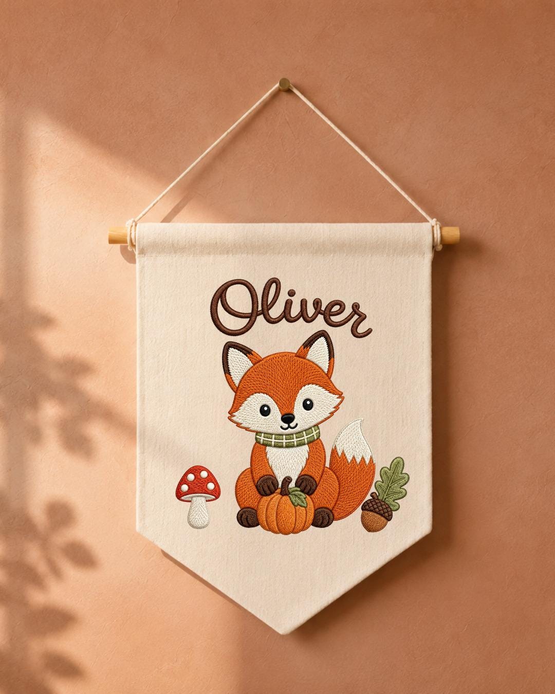 Personalized Fox Nursery Wall Hanging, Custom Name Embroidered Banner, Woodland Fall Baby Room Decor, Cute Forest Animal Nursery Gift