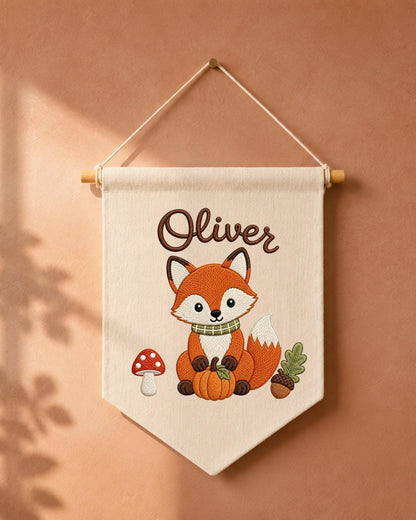 Personalized Fox Nursery Wall Hanging, Custom Name Embroidered Banner, Woodland Fall Baby Room Decor, Cute Forest Animal Nursery Gift
