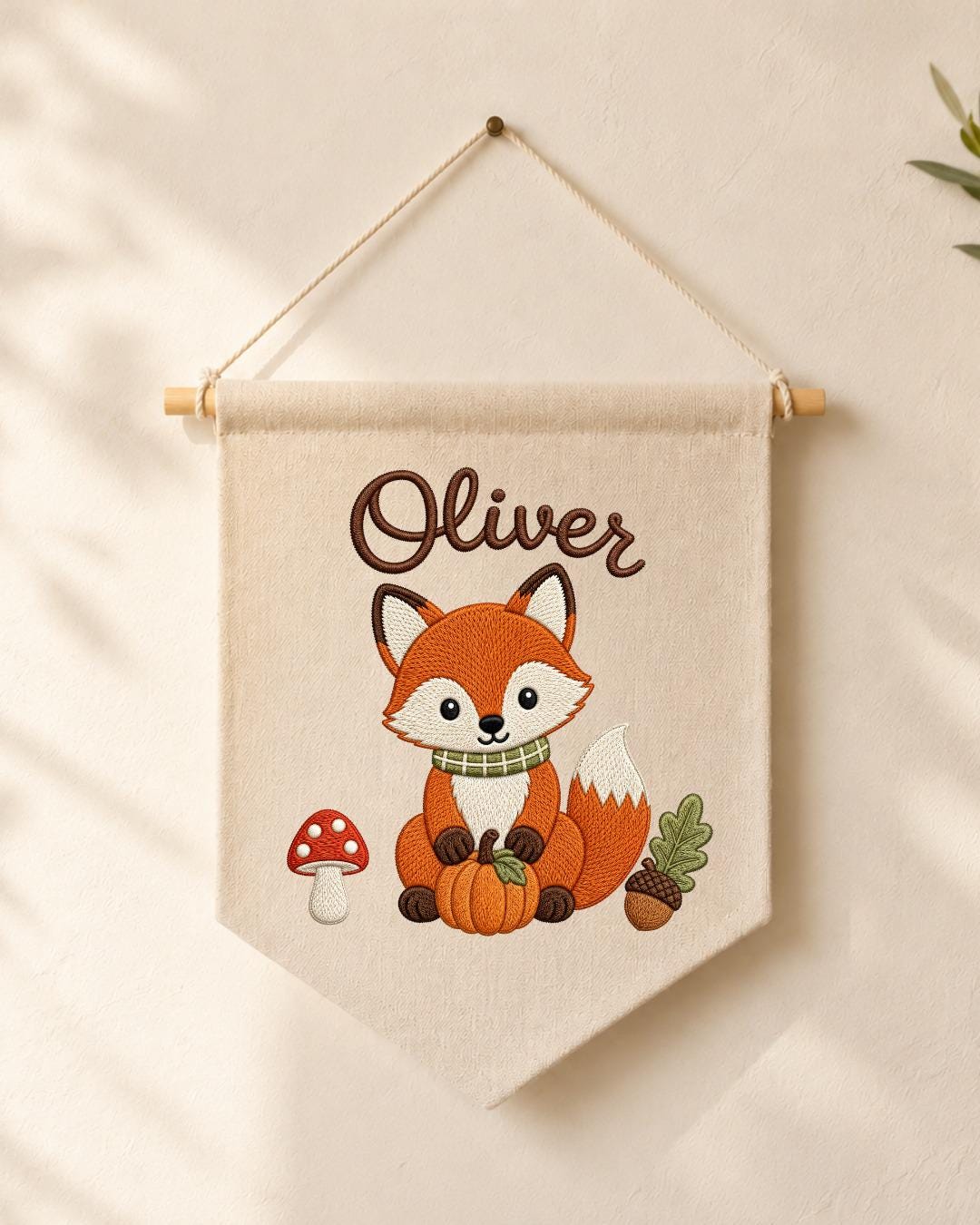 Personalized Fox Nursery Wall Hanging, Custom Name Embroidered Banner, Woodland Fall Baby Room Decor, Cute Forest Animal Nursery Gift