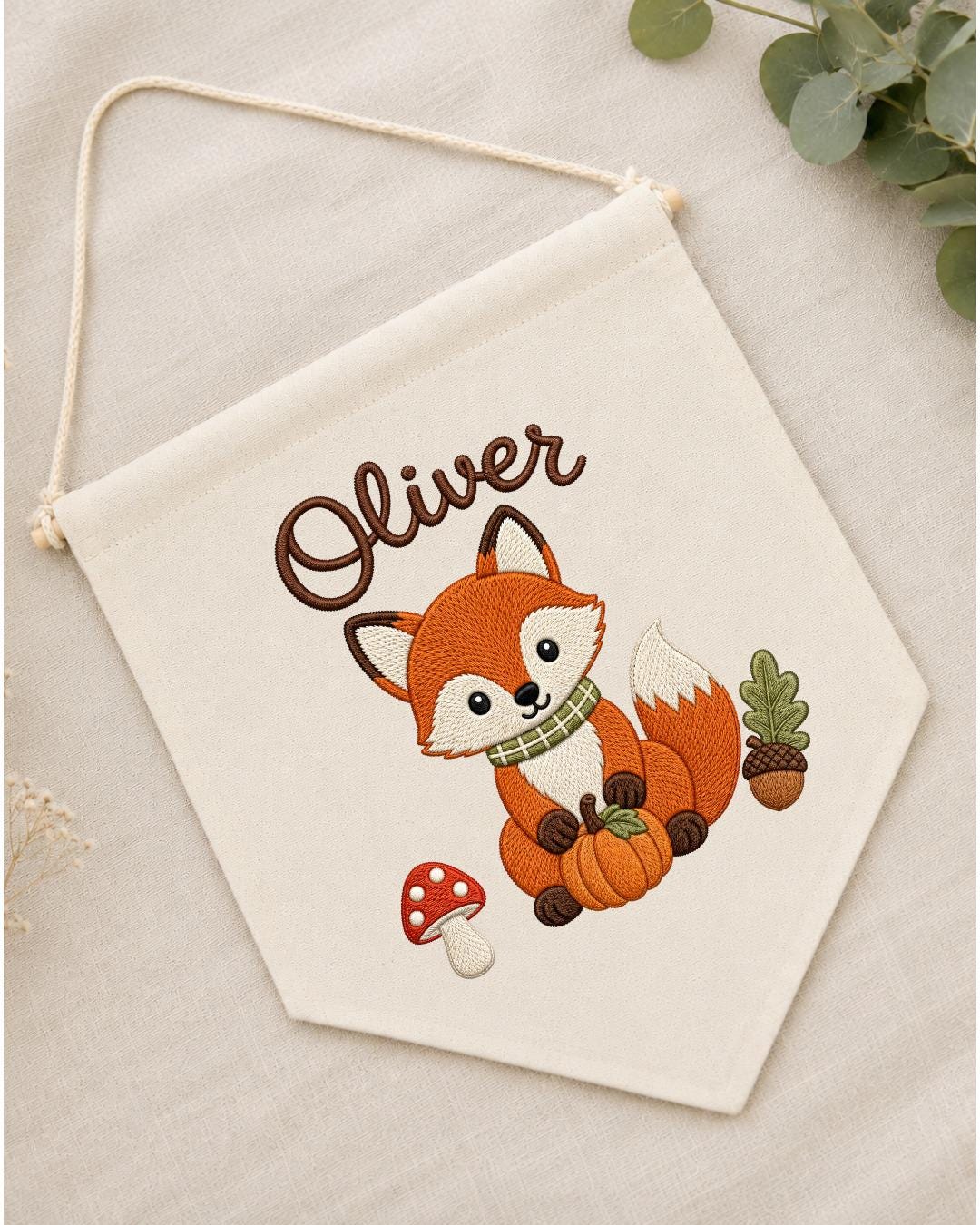 Personalized Fox Nursery Wall Hanging, Custom Name Embroidered Banner, Woodland Fall Baby Room Decor, Cute Forest Animal Nursery Gift