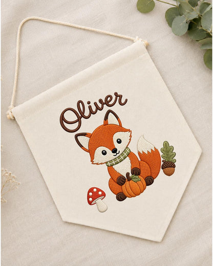 Personalized Fox Nursery Wall Hanging, Custom Name Embroidered Banner, Woodland Fall Baby Room Decor, Cute Forest Animal Nursery Gift