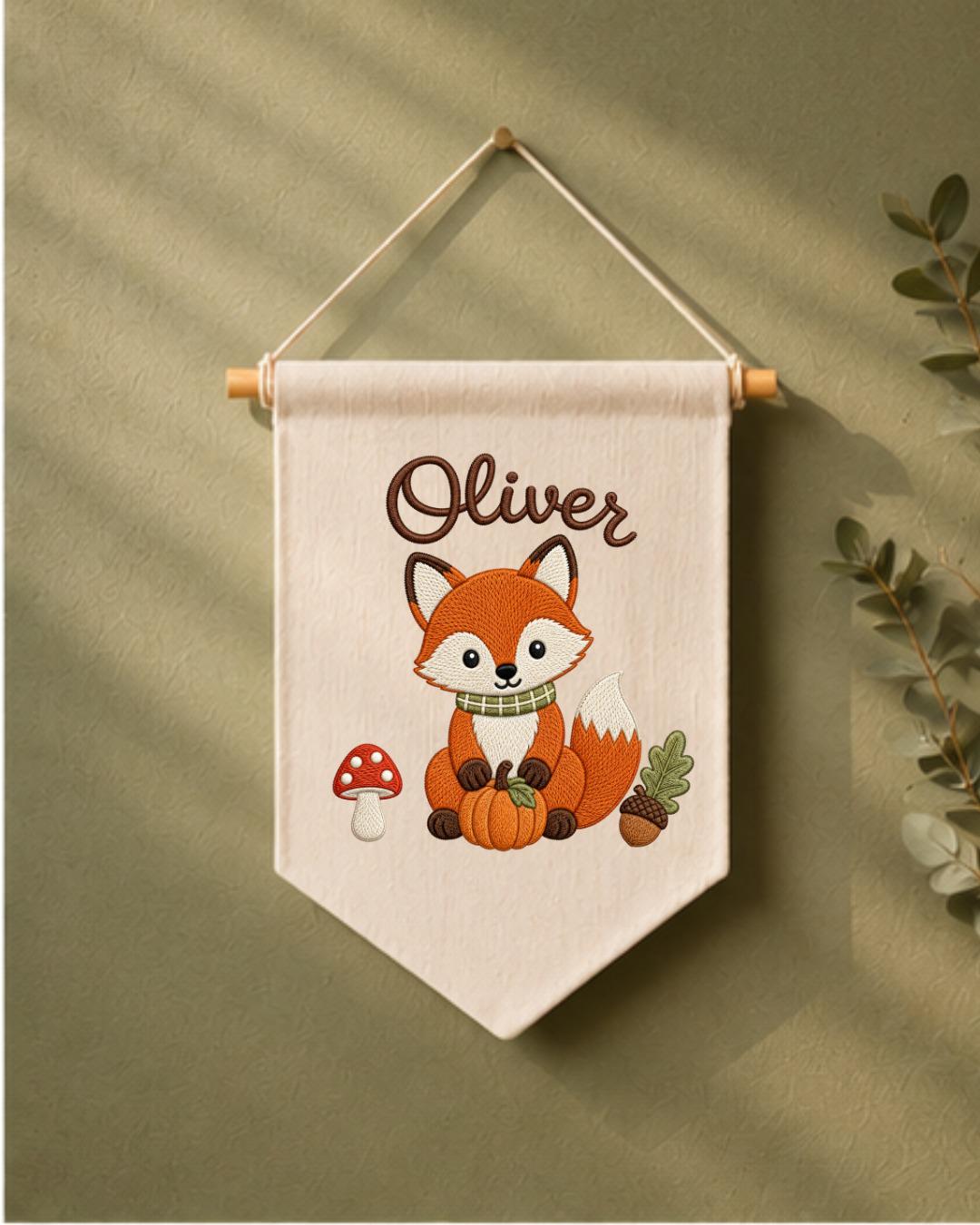 Personalized Fox Nursery Wall Hanging, Custom Name Embroidered Banner, Woodland Fall Baby Room Decor, Cute Forest Animal Nursery Gift